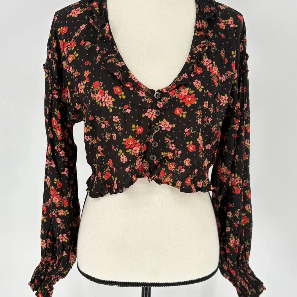 Free People Womans Secret Garden Blouse Crop Top Size S Red‎ Floral Print Casual
